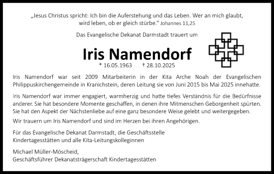 Traueranzeige von Iris Namendorf von Darmstädter Echo