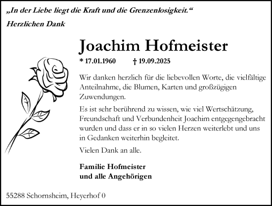 Traueranzeige von Joachim Hofmeister von Allgemeine Zeitung Alzey