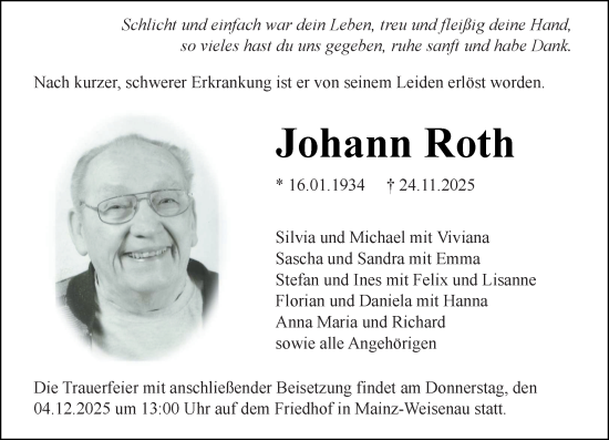 Traueranzeige von Johann Roth von Allgemeine Zeitung Mainz