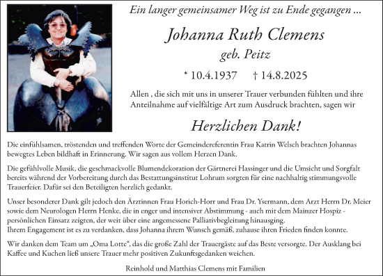 Traueranzeige von Johanna Ruth Clemens von Allgemeine Zeitung Mainz