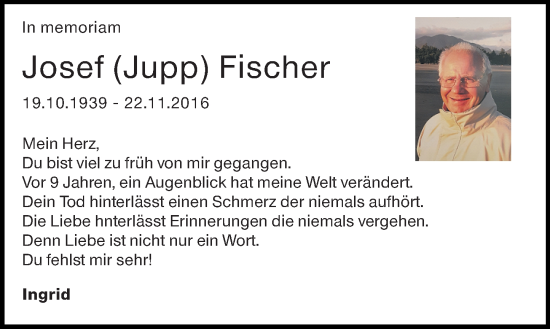 Traueranzeige von Josef Fischer von Wiesbadener Kurier