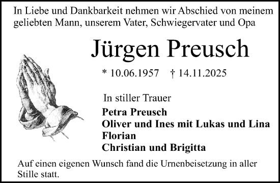 Traueranzeige von Jürgen Preusch von Darmstädter Echo