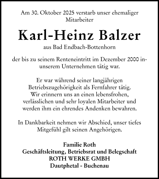 Traueranzeige von Karl-Heinz Balzer von Hinterländer Anzeiger