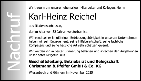 Traueranzeige von Karl-Heinz Reichel von Hinterländer Anzeiger