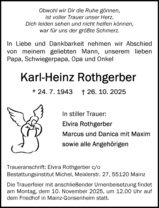Traueranzeige von Karl-Heinz Rothgerber von Allgemeine Zeitung Mainz