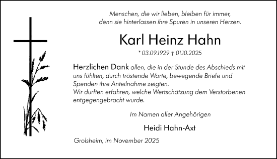 Traueranzeige von Karl Heinz Hahn von Binger-/Ingelheimer Wochenblatt