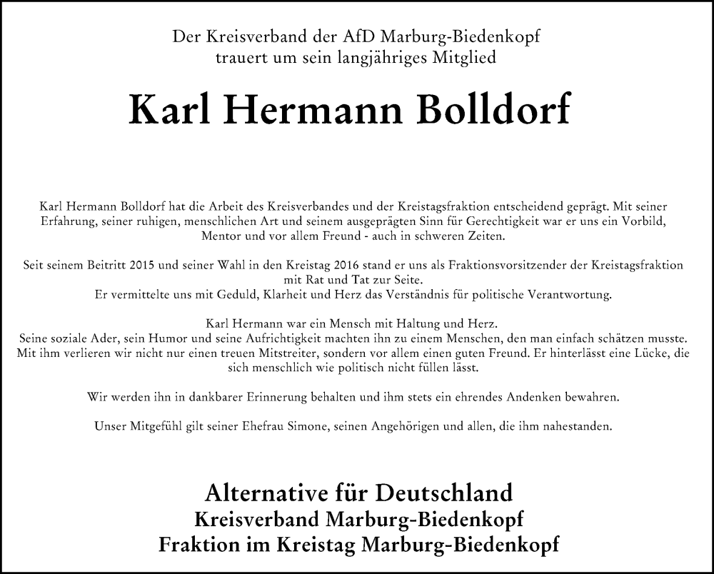  Traueranzeige für Karl Hermann Bolldorf vom 06.11.2025 aus Hinterländer Anzeiger