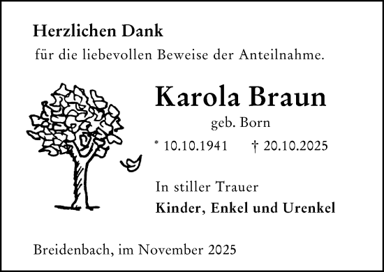 Traueranzeige von Karola Braun von Hinterländer Anzeiger