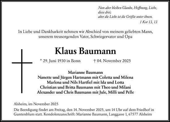 Traueranzeige von Klaus Baumann von Wormser Zeitung