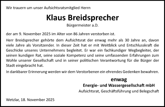 Traueranzeige von Klaus Breidsprecher von Wetzlarer Neue Zeitung