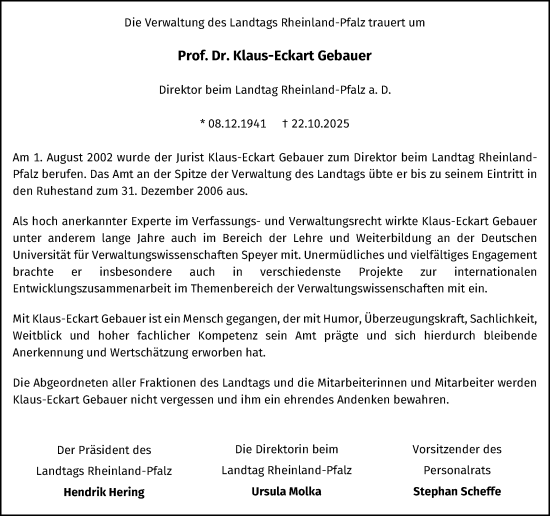 Traueranzeige von Klaus-Eckart Gebauer von Allgemeine Zeitung Mainz