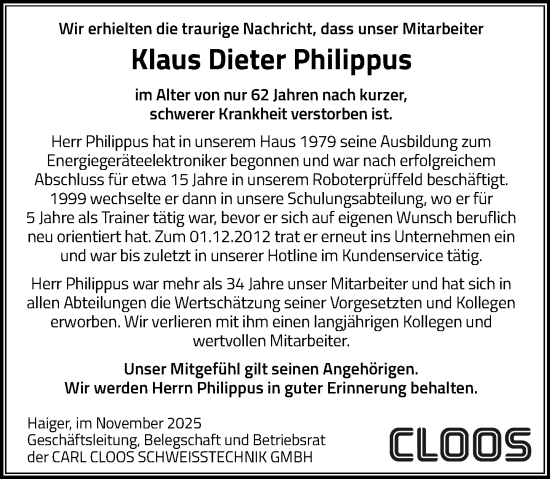 Traueranzeige von Klaus Dieter Philippus von Dill Block