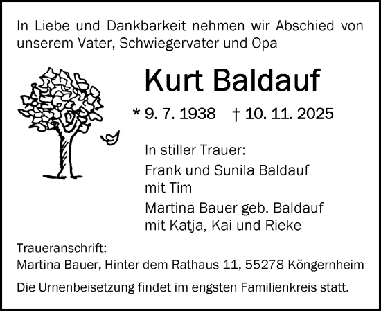 Traueranzeige von Kurt Baldauf von Allgemeine Zeitung Mainz