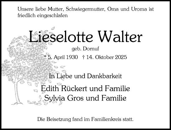 Traueranzeige von Lieselotte Walter von Wiesbadener Kurier