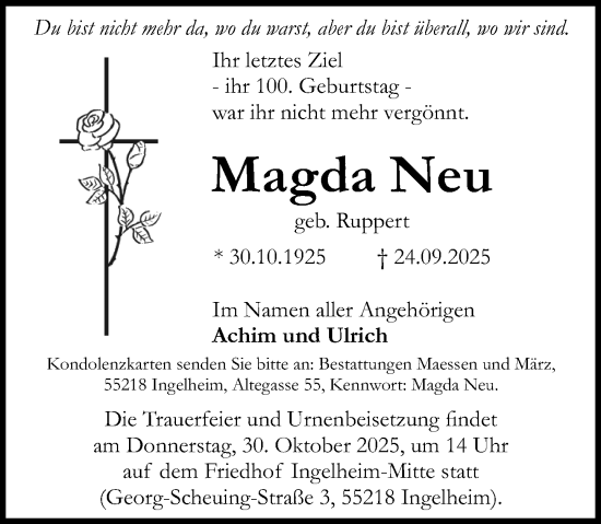 Traueranzeige von Magda Neu von Allgemeine Zeitung Rheinhessen-Nahe