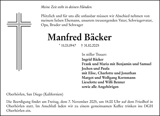 Traueranzeige von Manfred Bäcker von Hinterländer Anzeiger