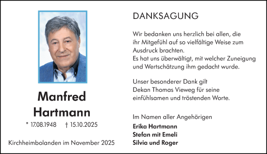 Traueranzeige von Manfred Hartmann von Allgemeine Zeitung Alzey