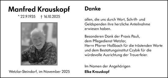 Traueranzeige von Manfred Krauskopf von Wetzlarer Neue Zeitung