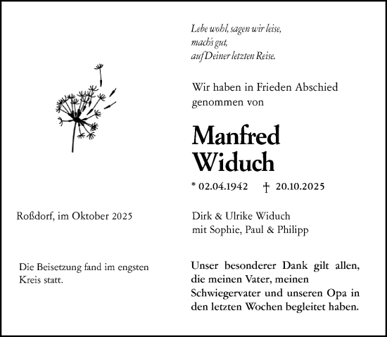 Traueranzeige von Manfred Widuch von Darmstädter Echo