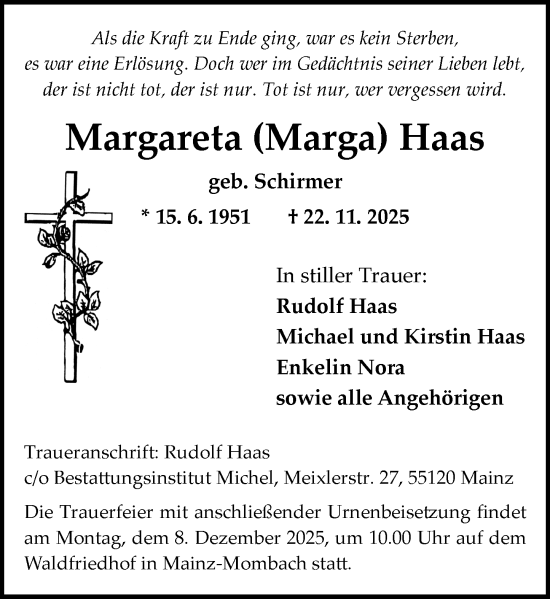 Traueranzeige von Margareta Haas von Allgemeine Zeitung Mainz