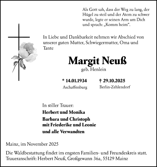 Traueranzeige von Margit Neuß von Wormser Zeitung