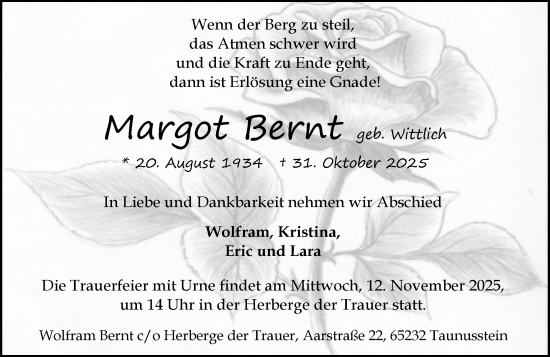Traueranzeige von Margot Bernt von Idsteiner Land/Untertaunus