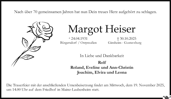 Traueranzeige von Margot Heiser von Allgemeine Zeitung Mainz