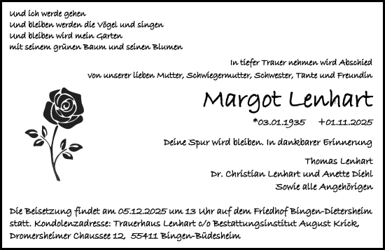 Traueranzeige von Margot Lenhart von Allgemeine Zeitung Rheinhessen-Nahe