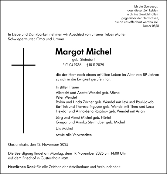 Traueranzeige von Margot Michel von Dill Block
