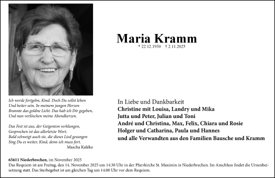 Traueranzeige von Maria Kramm von Nassauische Neue Presse
