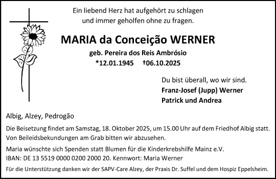 Traueranzeige von Maria da Conceicão Werner von Allgemeine Zeitung Alzey