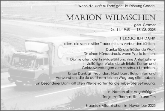 Traueranzeige von Marion Wilmschen von Wetzlarer Neue Zeitung