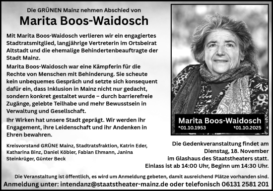 Traueranzeige von Marita Boos-Waidosch von Allgemeine Zeitung Mainz