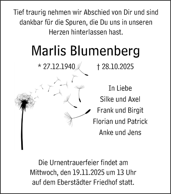 Traueranzeige von Marlis Blumenberg von Darmstädter Echo