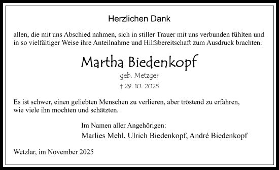 Traueranzeige von Martha Biedenkopf von Wetzlarer Neue Zeitung