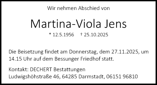 Traueranzeige von Martina-Viola Jens von Darmstädter Echo