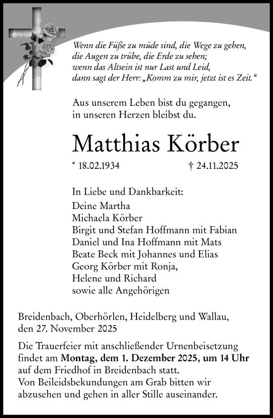 Traueranzeige von Matthias Körber von Hinterländer Anzeiger