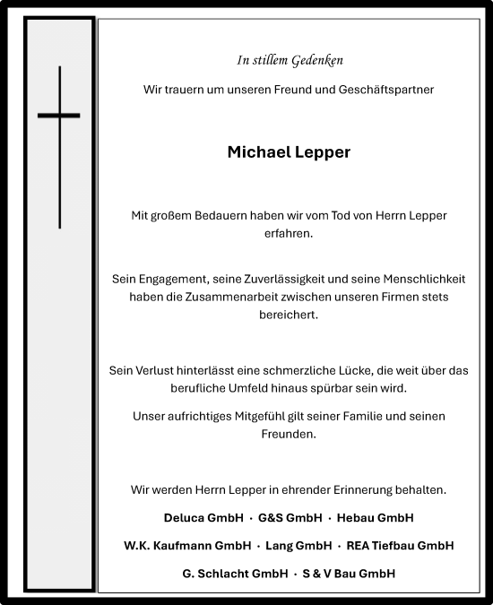 Traueranzeige von Michael Lepper von Wiesbadener Kurier