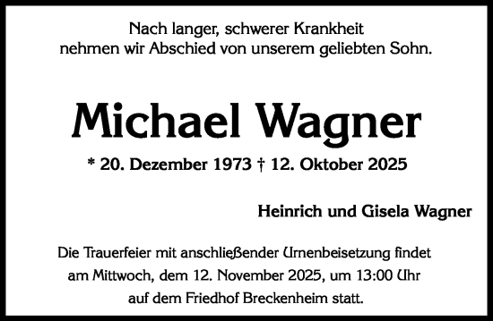 Traueranzeige von Michael Wagner von Wiesbadener Kurier