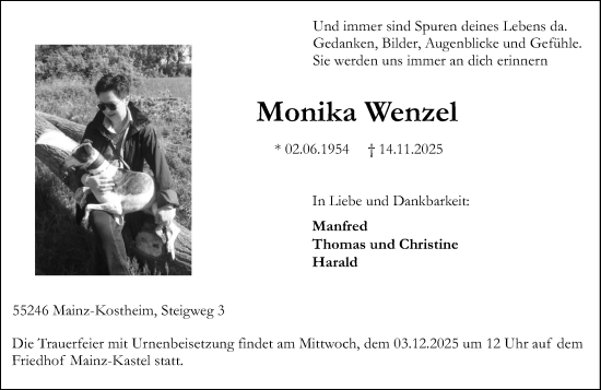 Traueranzeige von Monika Wenzel von Hochheimer Zeitung