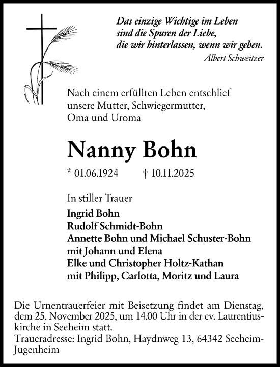 Traueranzeige von Nanny Bohn von Darmstädter Echo