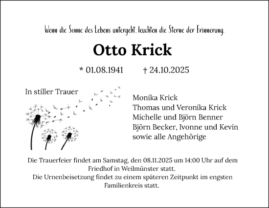 Traueranzeige von Otto Krick von Weilburger Tageblatt