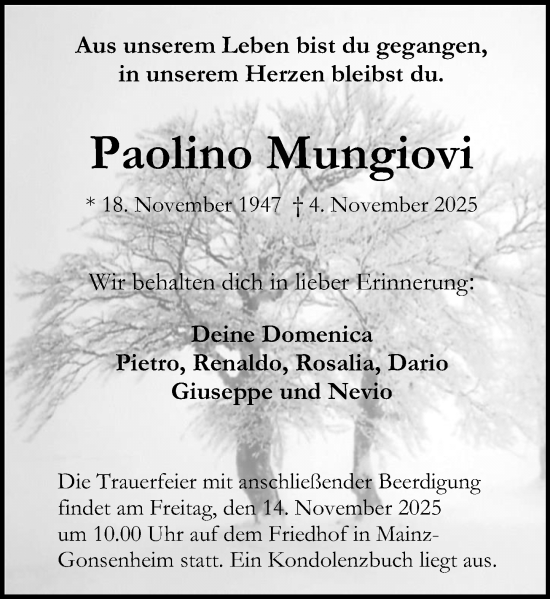 Traueranzeige von Paolino Mungiovi von Allgemeine Zeitung Mainz