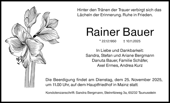 Traueranzeige von Rainer Bauer von Allgemeine Zeitung Mainz
