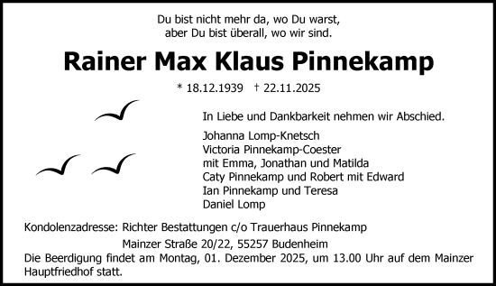 Traueranzeige von Rainer Max Klaus Pinnekamp von Allgemeine Zeitung Mainz