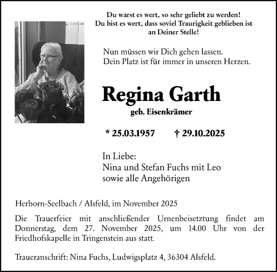 Traueranzeige von Regina Garth von Dill Block