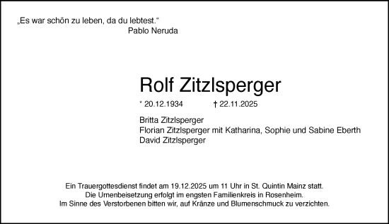 Traueranzeige von Rolf Zitzlsperger von Allgemeine Zeitung Mainz