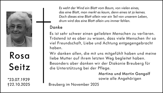 Traueranzeige von Rosa Seitz von Odenwälder Echo