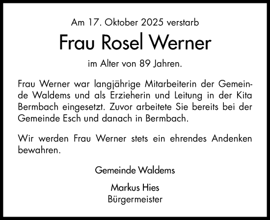 Traueranzeige von Rosel Werner von Idsteiner Land/Untertaunus
