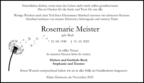 Traueranzeige von Rosemarie Meister von Darmstädter Echo